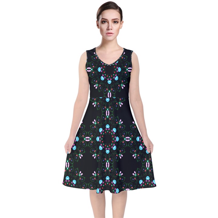 Embroidery Paisley Black V-Neck Midi Sleeveless Dress 