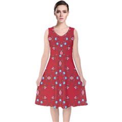 Embroidery Paisley Red V-neck Midi Sleeveless Dress 