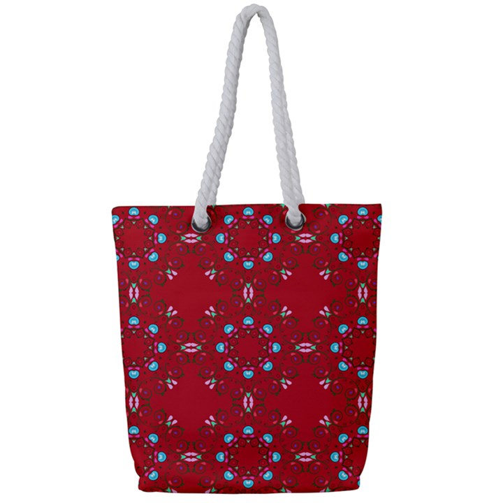 Embroidery Paisley Red Full Print Rope Handle Tote (Small)