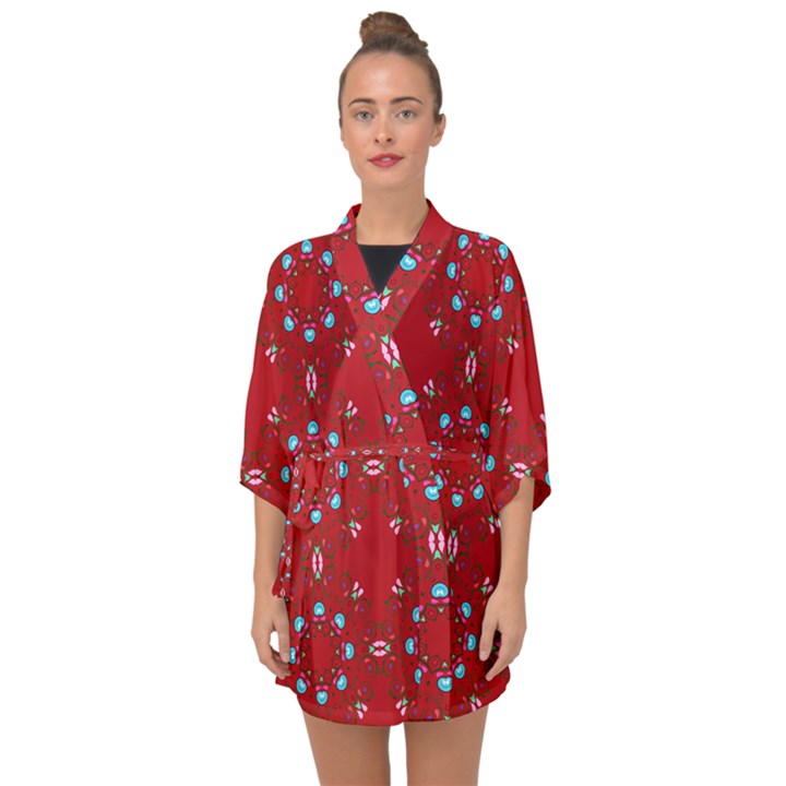 Embroidery Paisley Red Half Sleeve Chiffon Kimono