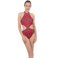 Embroidery Paisley Red Halter Side Cut Swimsuit