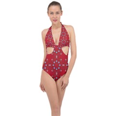 Embroidery Paisley Red Halter Front Plunge Swimsuit