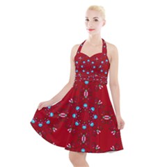 Embroidery Paisley Red Halter Party Swing Dress 