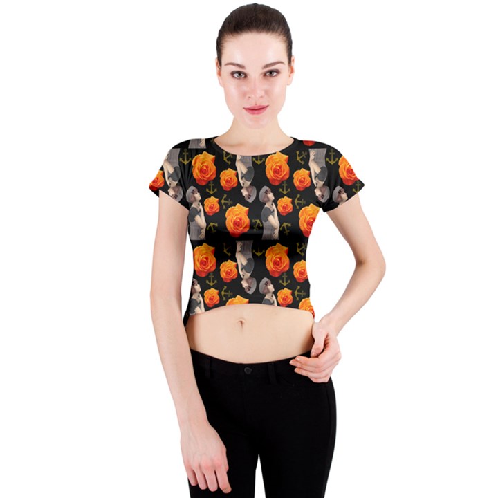 Girl With Roses And Anchors Black Crew Neck Crop Top