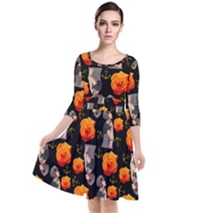 Girl With Roses And Anchors Black Quarter Sleeve Waist Band Dress