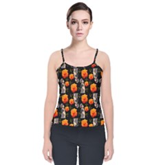 Girl With Roses And Anchors Black Velvet Spaghetti Strap Top