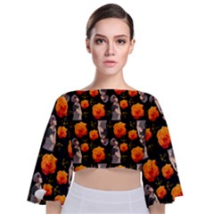 Girl With Roses And Anchors Black Tie Back Butterfly Sleeve Chiffon Top