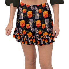 Girl With Roses And Anchors Black Fishtail Mini Chiffon Skirt