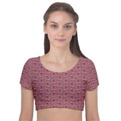 Retro Red Pattern Velvet Short Sleeve Crop Top 