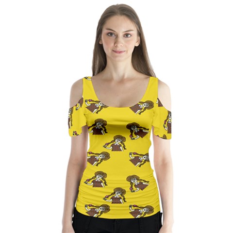 Girl With Popsicle Yello Butterfly Sleeve Cutout Tee  by snowwhitegirl