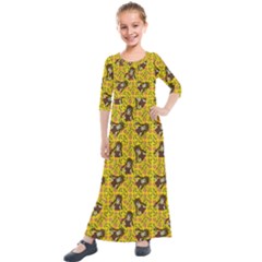 Girl With Popsicle Yellow Floral Kids  Quarter Sleeve Maxi Dress by snowwhitegirl