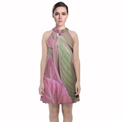 Pink Leaves Velvet Halter Neckline Dress 