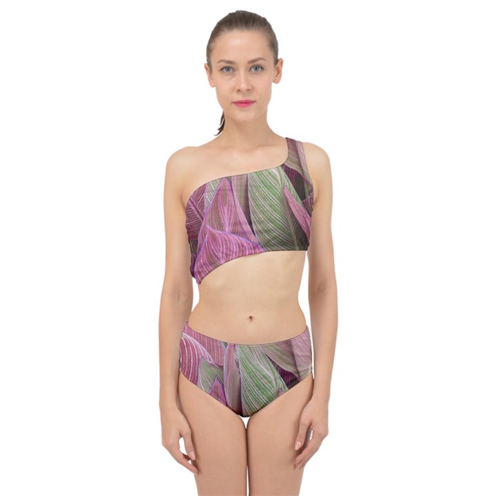 Pink Leaves Spliced Up Two Piece Swimsuit