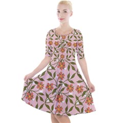 Pink Dot Floral Quarter Sleeve A-line Dress