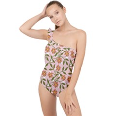 Pink Dot Floral Frilly One Shoulder Swimsuit by snowwhitegirl