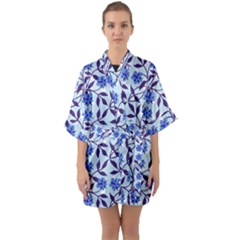 Blue Dot Floral Quarter Sleeve Kimono Robe