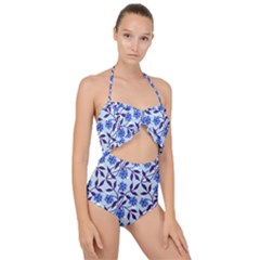 Blue Dot Floral Scallop Top Cut Out Swimsuit