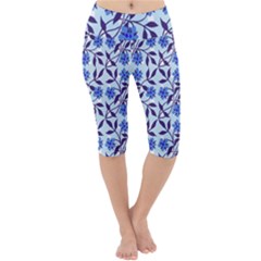 Blue Dot Floral Lightweight Velour Cropped Yoga Leggings