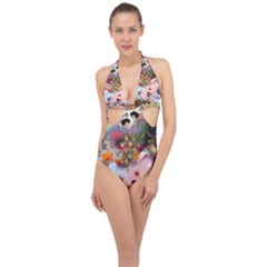 Pattern Patchwork Halter Front Plunge Swimsuit