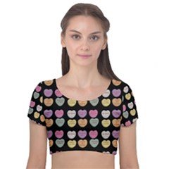 Valentine Hearts Black Velvet Short Sleeve Crop Top 