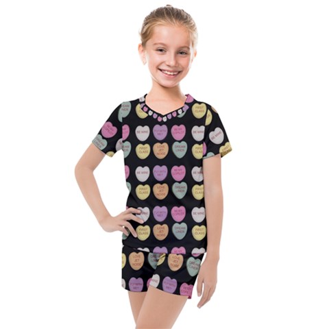 Valentine Hearts Black Kids  Mesh Tee And Shorts Set by snowwhitegirl