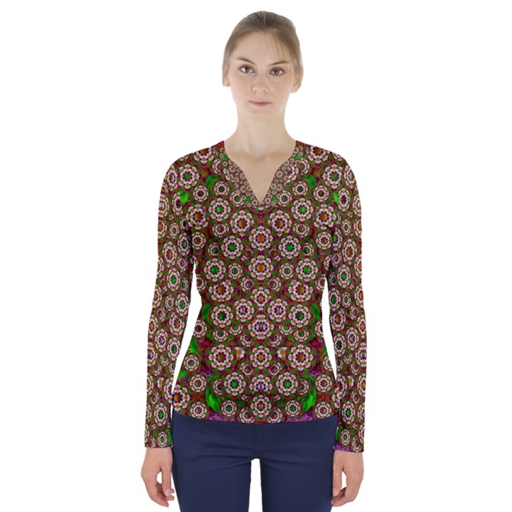 Flower Wreaths And Ornate Sweet Fauna V-Neck Long Sleeve Top