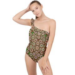 Flower Wreaths And Ornate Sweet Fauna Frilly One Shoulder Swimsuit