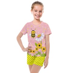 Pink & Yellow Adorable Bee & Floral Print Kids  Mesh Tee And Shorts Set