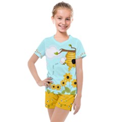 Pale Turquoise & Gold Bee Hives Pattern Kids  Mesh Tee And Shorts Set