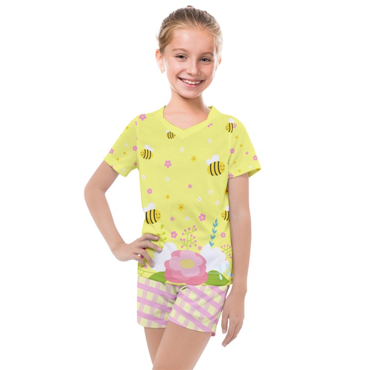 Yellow Adorable Bees Design Kids  Mesh Tee and Shorts Set