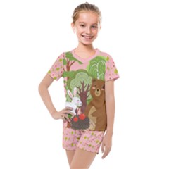 Pink Woodland Animals Pattern Kids  Mesh Tee And Shorts Set