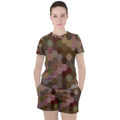 Brown Background Layout Polygon Women s Tee And Shorts Set by Sapixe