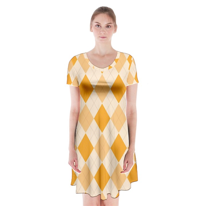 Argyle Pattern Seamless Design Short Sleeve V-neck Flare Dress