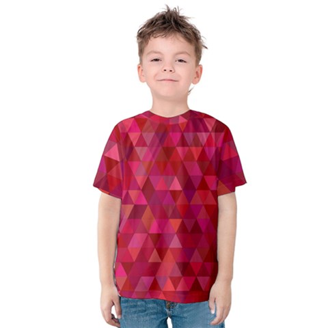 Maroon Dark Red Triangle Mosaic Kids  Cotton Tee by Sapixe