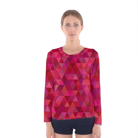 Maroon Dark Red Triangle Mosaic Women s Long Sleeve Tee by Sapixe