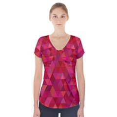 Maroon Dark Red Triangle Mosaic Short Sleeve Front Detail Top by Sapixe