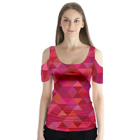 Maroon Dark Red Triangle Mosaic Butterfly Sleeve Cutout Tee  by Sapixe