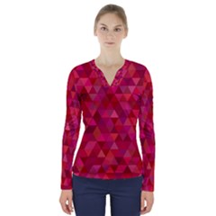 Maroon Dark Red Triangle Mosaic V-neck Long Sleeve Top by Sapixe