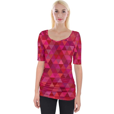 Maroon Dark Red Triangle Mosaic Wide Neckline Tee by Sapixe