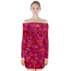 Maroon Dark Red Triangle Mosaic Long Sleeve Off Shoulder Dress by Sapixe