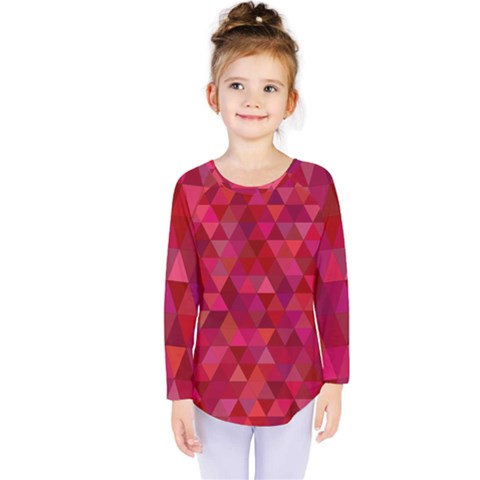 Maroon Dark Red Triangle Mosaic Kids  Long Sleeve Tee by Sapixe