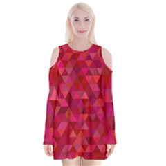 Maroon Dark Red Triangle Mosaic Velvet Long Sleeve Shoulder Cutout Dress by Sapixe