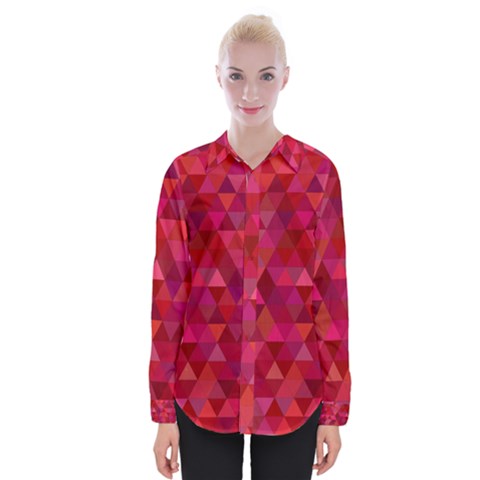 Maroon Dark Red Triangle Mosaic Womens Long Sleeve Shirt by Sapixe