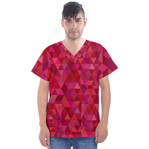 Maroon Dark Red Triangle Mosaic Men s V-neck Scrub Top by Sapixe