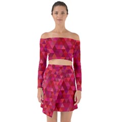 Maroon Dark Red Triangle Mosaic Off Shoulder Top With Skirt Set by Sapixe