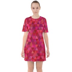 Maroon Dark Red Triangle Mosaic Sixties Short Sleeve Mini Dress by Sapixe