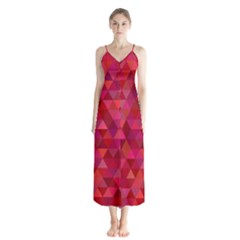 Maroon Dark Red Triangle Mosaic Button Up Chiffon Maxi Dress by Sapixe