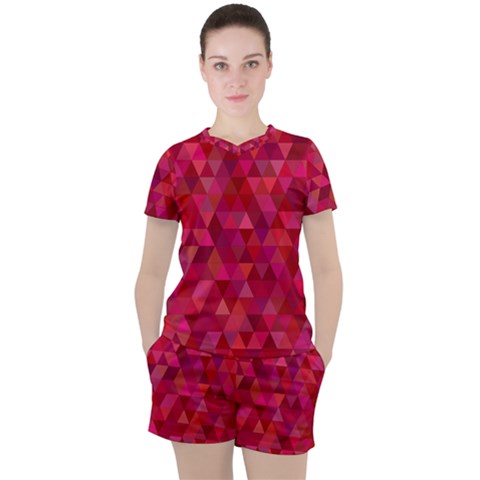 Maroon Dark Red Triangle Mosaic Women s Tee And Shorts Set by Sapixe