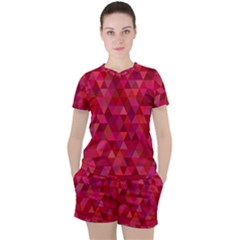 Maroon Dark Red Triangle Mosaic Women s Tee And Shorts Set