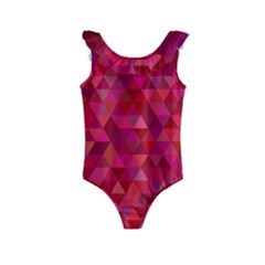 Maroon Dark Red Triangle Mosaic Kids  Frill Swimsuit